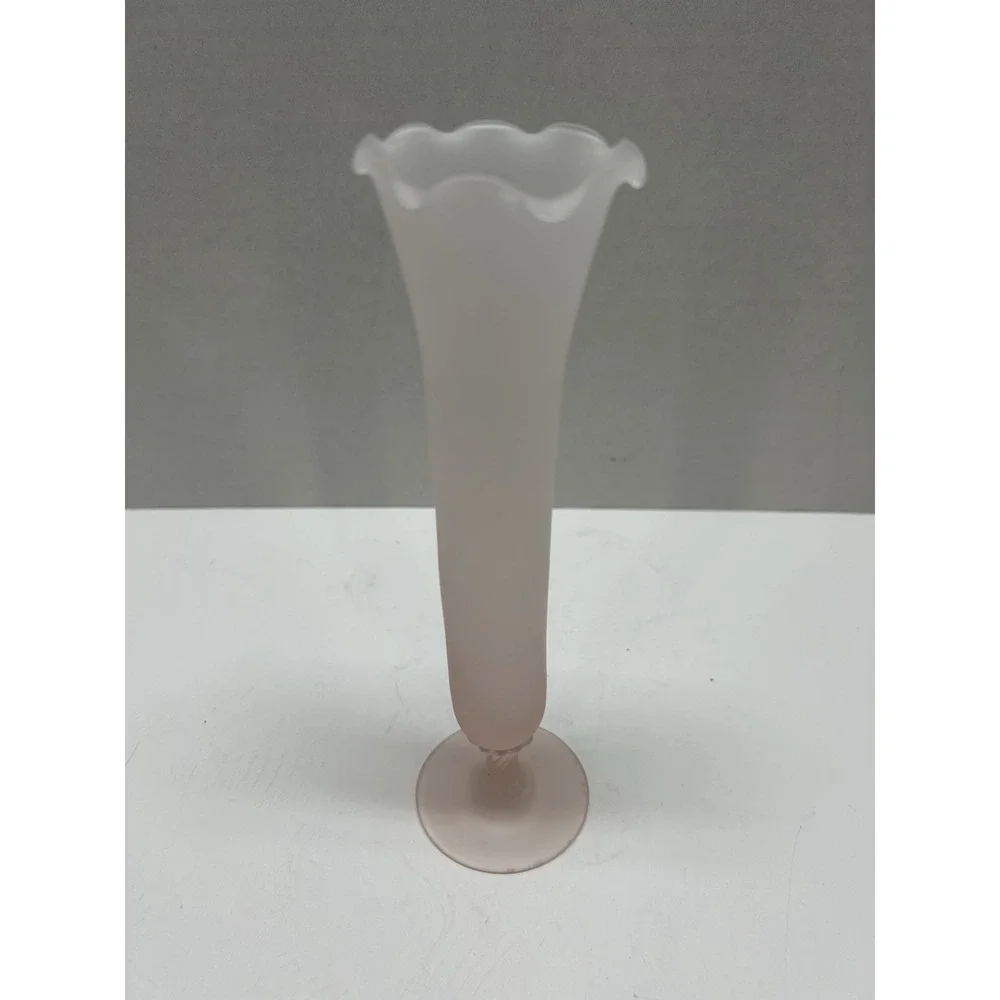 Vintage Pink Frosted Glass Bud Vase with Ruffled Edge Pedestal Base 8